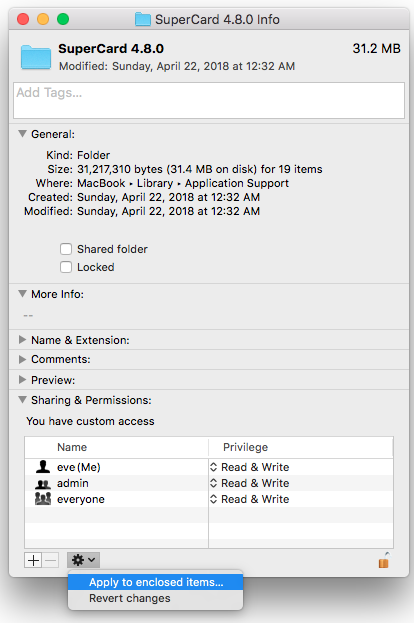 [The Finder Get Info window for the SuperCard folder in Application Support, showing clicking the little popup in the lower left next to the +/- buttons and choosing 'Apply to enclosed items...'.]