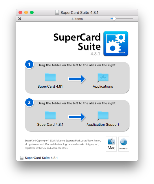 [A screenshot of the SuperCard disk image with the image instructing people to drag the SuperCard 4.81 folder into Applications, and SuperCard 4.8.1 into Application Support]